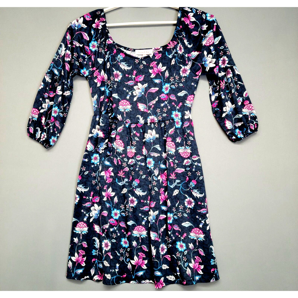 Harlow & Rose Floral Fit & Flare Dress Womens‎ M Smocked Waist Cottagecore Navy